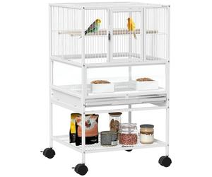 Pawhut Bird Cage, Metal Parrot Cage with Rolling Stand Wheels, Acrylic Viewing Panels, Storage Shelf, Slide-out Tray, Perches, Feeders, for Budgie, Parakeet, Canary, Finch, White, 48 x 46 x 83 cm