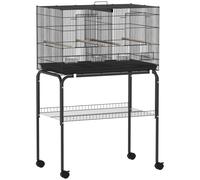 PawHut Bird Cage with Divider, 4 Wooden Perches, Slide Out Tray, 4 Feeders, for Budgie, Lovebird, Canary, 76 x 46 x 116cm Black