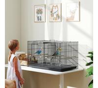 PawHut Bird Cage with Divider, 76 x 46 x 46cm Black | Parrot Cage with 4 Wooden Perches, Slide Out Tray, 4 Feeders for Budgie, Lovebird, Canary, Finches