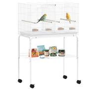 PawHut Bird Cage with Divider, Parrot Cage with 4 Wooden Perches, Slide Out Tray, 4 Feeders and Wheeled Stand, for Budgie, Lovebird, Canary, Finches, 76 x 46 x 116cm, White