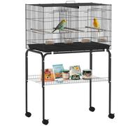 PawHut Bird Cage with Divider, Parrot Cage with 4 Wooden Perches, Slide Out Tray, 4 Feeders and Wheeled Stand, for Budgie, Lovebird, Canary, Finches, 76 x 46 x 116cm, Black