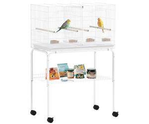 PawHut Bird Cage with Divider, Parrot Cage with 4 Wooden Perches, Slide Out Tray, 4 Feeders and Wheeled Stand, for Budgie, Lovebird, Canary, Finches, 76 x 46 x 116cm, White