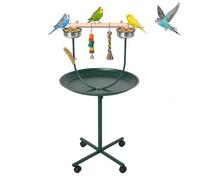 PawHut Bird Perch Stand T-Stand with Perch for Small and Medium Birds Green | Parrot Playstand, Four Wheels, Feeding Bowls, Parrot Stand