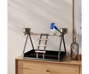 Pawhut Bird Playstand With Wooden Perch Ladder Feeding Cups For Macaw Parrot In Black Black
