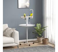 Pawhut Bird Table With Four Wheels, Perches, Stainless Steel Feed Bowls, Round Tray In White White
