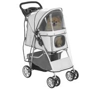 PawHut Buggy Buggy Folding Pet Buggy Waterproof Dog Cat Cup Holder Storage Basket Included Wheels with Brake Fabric 600D Oxford Steel Rain Cover Included Grey