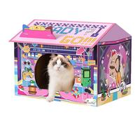 PawHut Cardboard Cat House with Scratching Board & Catnip, 2 in 1 Cat Scratcher Gaming Style for Indoor Kittens, 45 x 32 x 35 cm, Pink