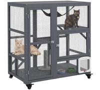 PawHut Cat Cage House Catio on Wheels Weather-Resistant Wooden Light Grey