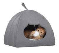 PawHut Cat Cave Bed for Indoor Kittens, Cat House with Removable Cushion and Teaser Ball, Kitty Igloo with Anti-Slip Base, 42 x 42 x 39 cm, Grey
