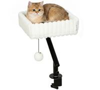 PawHut Cat Desk Bed, 360° Rotatable Raised Cat House, Hanging Ball, White | Soft Kitten Hammock for Desk and Window, Adjustable Clamp, for Indoor Kittens