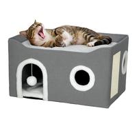 PawHut Cat House, Cat Bed for Indoor Pets, Foldable Kitten Cave with Fluffy Ball, Scratch Pad, Kitty Hideaway with Soft Cushions for Small, Medium Cats, Grey