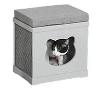 PawHut Cat House Bed Kitten Cave Cube Indoor w/Soft Cushion Sisal Scratching Pad - 41 x 30 x 36 cm - MDF, Sisal - Grey