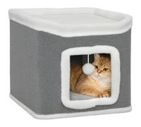 PawHut Cat House for Indoor Kittens, 2-Level Cat Cave Bed with Fluffy Balls, Flush Top Bed, Kitten Barrel for Multi Kitties, Grey