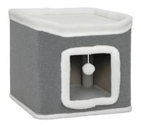 PawHut Cat House for Indoor Kittens, 2-Level Cat Cave Bed with Fluffy Balls, Top Bed, Kitten Barrel for Multi Kitties, Grey