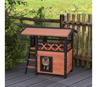 PawHut Cat House Outdoor Kitten Shelter Puppy Kennel w/ Balcony Stairs Roof