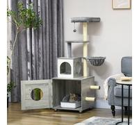 Pawhut Cat Litter Box Enclosure, With Cat House, Bed, Scratching Posts, Platform In Grey Grey