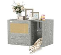 PawHut Boho Style Cat Litter Box Enclosure with Rattan Door, Scratching Mat - Grey - Particleboard - 1