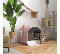 PawHut Hooded Cat Litter Tray with Slide-Out Drawer 43 x 44 x 47cm Pink | Enclosed Cat Litter Box, Anti-Tracking Mat, Scoop, Filter for Odor Control, Flap Door, Easy Cleaning