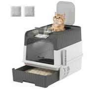 PawHut Cat litter Box with Lid, Pull-Out Drawer Tray, Scoop, Privacy, Grey | Enclosed Cat Litter Box, 2 Deodorisation Bags, Front Entry & Top Exit, Odour Control, Easy to Clean