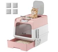 PawHut Cat litter Box with Lid, Pull-Out Drawer Tray, Scoop, Privacy, Pink | Enclosed Cat Litter Box, 4 Deodorisation Bags, Front Entry & Top Exit, Odour Control, Easy to Clean