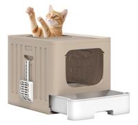 PawHut Cat Litter Tray Cat Litter Box with Lid Slide-Out Drawer Tray Khaki