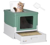 PawHut Cat Litter Tray Closed Folding Double Swing and Top Door + Scoop + Litter Drawer Easy Clean - 47.5 x 35.5 x 36.5 cm Green White
