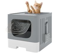 PawHut Cat Litter Tray, Foldable Cat Litter Box with Lid, Slide-Out Drawer Tray, Scoop, Easy Clean, Odour Control, Anti-Splashing, Grey