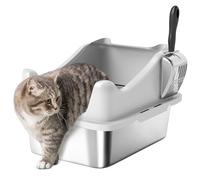 PawHut Cat Litter Tray Stainless Steel, Cat Litter Box High Sided with Metal Litter Scoop, Never Absorbs Odors, Anti Leakage & Easy to Clean, 43 x 33 x 25 cm, Grey
