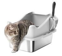 PawHut Cat Litter Tray Stainless Steel, Cat Litter Box High Sided with Metal Litter Scoop, Never Absorbs Odors, Anti Leakage & Easy to Clean, 43 x 33 x 25 cm, Grey