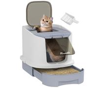 PawHut Cat Litter Tray with Lid, Cat Litter Box, Scoop, Top Entry, Grey | Deodorisation Bags, Drawer Pan