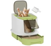 PawHut Cat Litter Tray with Lid, Cat Litter Box with Deodorisation Bags, Scoop, Top Entry, Litter Tray with Drawer Pan, Green