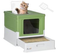 PawHut Cat Litter Tray with Lid, Scoop for Medium Cats Emerald Green | Foldable Hooded Litter Tray with Pull-Out Drawer Pan, Easy Clean, Odour Control, Anti-Splashing, 2 Entrances