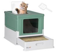 PawHut Cat Litter Tray with Lid, Scoop for Medium Cats Green | Foldable Hooded Litter Tray with Pull-Out Drawer Pan, Easy Clean, Odour Control, Anti-Splashing, 2 Entrances