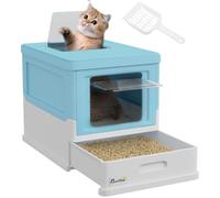 PawHut Cat Litter Tray with Lid, Scoop for Medium Cats Light Blue | Foldable Hooded Litter Tray with Pull-Out Drawer Pan, Easy Clean, Odour Control, Anti-Splashing, 2 Entrances