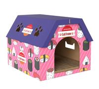 PawHut Cat Scratching Board, 2-in-1 Cardboard Cat House and Hideaway Furniture with Door, 4 Paw-Shaped Vents and Grass for Indoor, Pink
