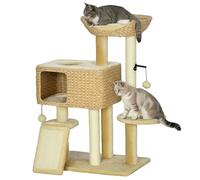 PawHut Cat Scratching Post 98 cm Cat Tree with 2 Lean Surfaces, Scratching Posts, Climbing Tree, Play Ball, Cat Furniture with Cat Cave for Cats up to 6 kg, Sisal, Water Hyacinth, Beige