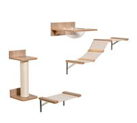 PawHut 4PCs Wall-mounted Cats Climbing Shelf Set Cat Tree Kitten Perch Activity Center with Hammock Scratching Post Jumping Platform Brown