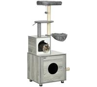 PawHut Cat Tower with Litter Box Enclosure, Cat Tree for Indoor Cats with Cat House, Scratching Post, Hammock, Grey Grey