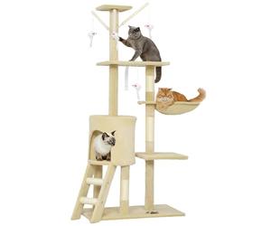 PawHut Cat Tree, 134cm Cat Scratching Post, Multi-Level Kitty Stable Climbing Tower with Ladder, House, Hammock, Indoor Large Pet Activity Furniture Play House for Kitty Kitten, Beige