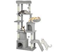 PawHut Cat Tree, 170 cm Large Cat Tower with 7 Scratching Posts, 1 Tunnel, 2 Condos, 1 Hammock, 1 Perch, 1 Ramp, 3 Platforms, 2 Pompoms, Multi-Level Kitty House for Indoor Kittens, Light Grey