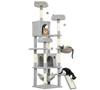 PawHut Cat Tree, 192 cm Large Multi-Level Cat Tower for Indoor Kittens with 8 Scratching Posts, 3 Plush Beds, 2 Hammocks, 2 Large Condos, Ramp, Pompoms, Light Grey