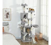 PawHut Cat Tree, 192 cm Large Multi-Level Cat Tower for Indoor Kittens with 8 Scratching Posts, 3 Plush Beds, 2 Hammocks, 2 Large Condos, Ramp, Pompoms, Light Grey