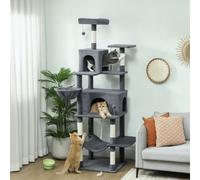 PawHut Cat Tree, 202cm Large Cat Tower for Indoor Kittens with 6 Scratching Posts, 2 Condos, 2 Perches, 2 Hammocks, Pompoms, Multi-Level Plush Kitty Activity Centre for Rest and Play, Dark Grey