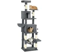 PawHut Cat Tree, 202cm Large Cat Tower for Indoor Kittens, Dark Grey | 6 Scratching Posts, 2 Condos, 2 Perches, 2 Hammocks, Pompoms, Multi-Level Plush Kitty Activity Centre, for Rest and Play