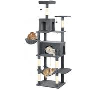 PawHut Cat Tree, 202cm Large Cat Tower for Indoor Kittens with 6 Scratching Posts, 2 Condos, 2 Perches, 2 Hammocks, Pompoms, Multi-Level Plush Kitty Activity Centre for Rest and Play, Dark Grey