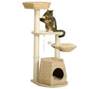 PawHut Cat Tree Activity Centre with Cattail Fluff Bed House Sisal Post Ball - Natural wood finish - Particleboard, Cattail fluff, Sisal, Plush fabric - 1