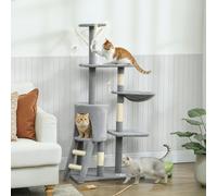 PawHut Cat Tree for Indoor Cats, 134cm Scratching Post Climbing Tower, Grey - 60L x 35W x 134H cm - Particle Board, Plush (100% Polyester), Sisal - Grey