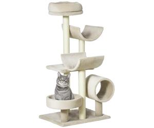 PawHut Cat Tree for Indoor Cats Kitten Pet Scratching Post Perch Activity Center Scratcher Climb Post Play House Arch with Tunnel 105cm Tall Beige