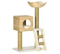 PawHut Cat Tree for Indoor Cats Kitten Tower Cattail Weave with Scratching Posts, Cat House, Bed， Washable Cushions Natural, 57 x 37 x 100.5 cm