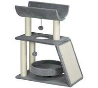 PawHut Cat Tree for Indoor Cats with Scratching Posts Pad, Kitten Tower with Bed Perch Ball Toy, 60 x 30 x 76 cm, Light Grey